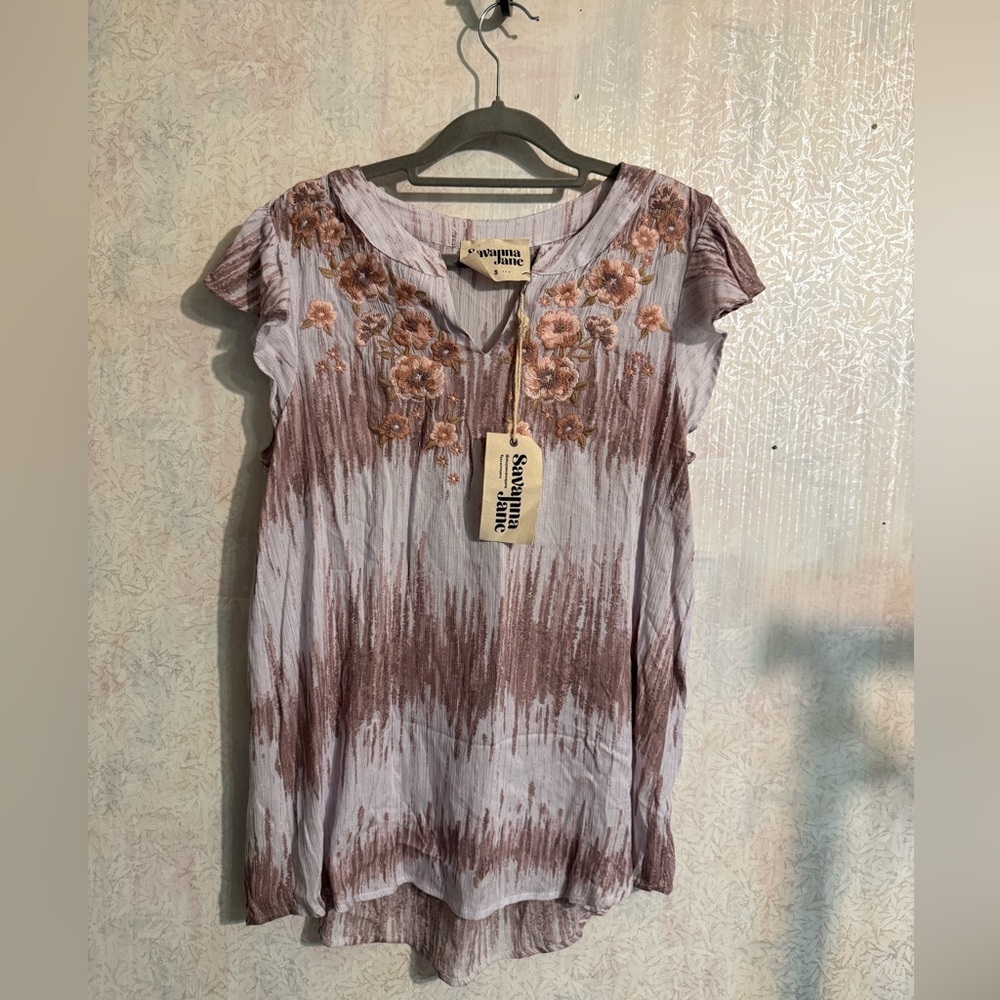 Savanna Jane Tie-Dye Blouse‎ - Embroidered, Cap Sleeve Brown and Cream Sz Small,